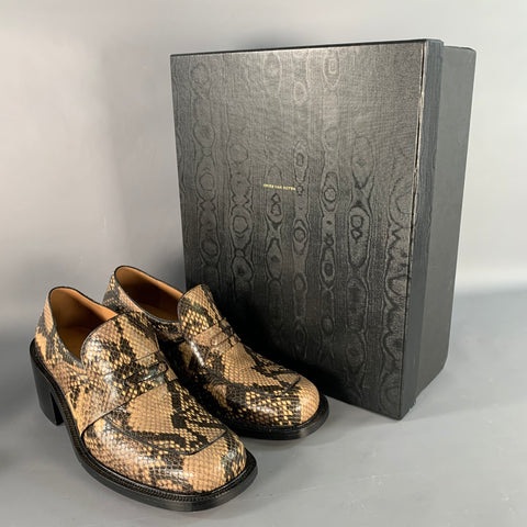 DRIES VAN NOTEN Size 7 Brown Beige Snakeskin Leather Chunky Heel Penny Loafers