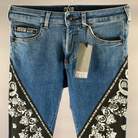 VERSACE Size 28 Medium Wash Bandana Cotton Blend Skinny Jeans