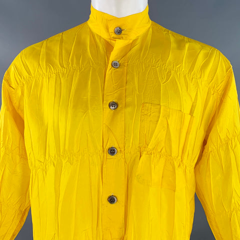 ISSEY MIYAKE Size XS Yellow Wrinkled Polyester Nehru Collar Oversized Long Sleeve Shirt