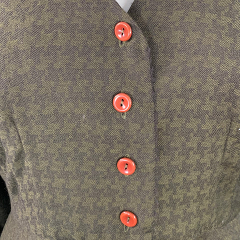 OKW Size XS Green Wool Button Down Houndstooth Mini Skirt Suit
