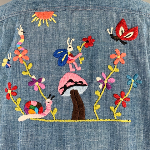 NEEDLES Size M Blue Multi Color Embroidery Chambray Snaps Long Sleeve Shirt