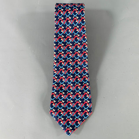 HERMES Navy Red Blue Woven Musical Horns Silk Tie