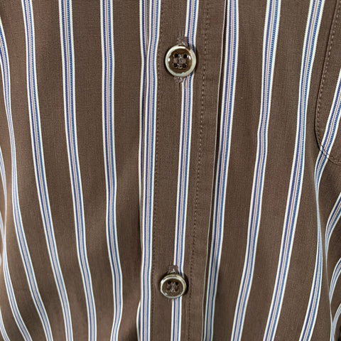 YVES SAINT LAURENT Size S Brown Navy White Stripe Button Down Collar Cotton Long Sleeve Shirt