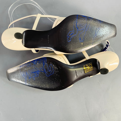 BURBERRY Size 7 Cream Patent Leather Perforated Kitten Heel Slingback Sandals