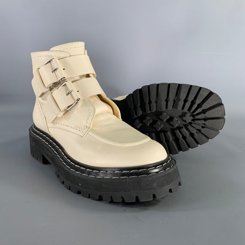 PROENZA SCHOULER Size 9 Cream Black Leather Calf Buckle Boots