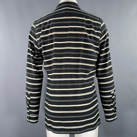 PAUL SMITH Size M Black Cream Stripe Pleated Cotton Blend Long Sleeve Shirt