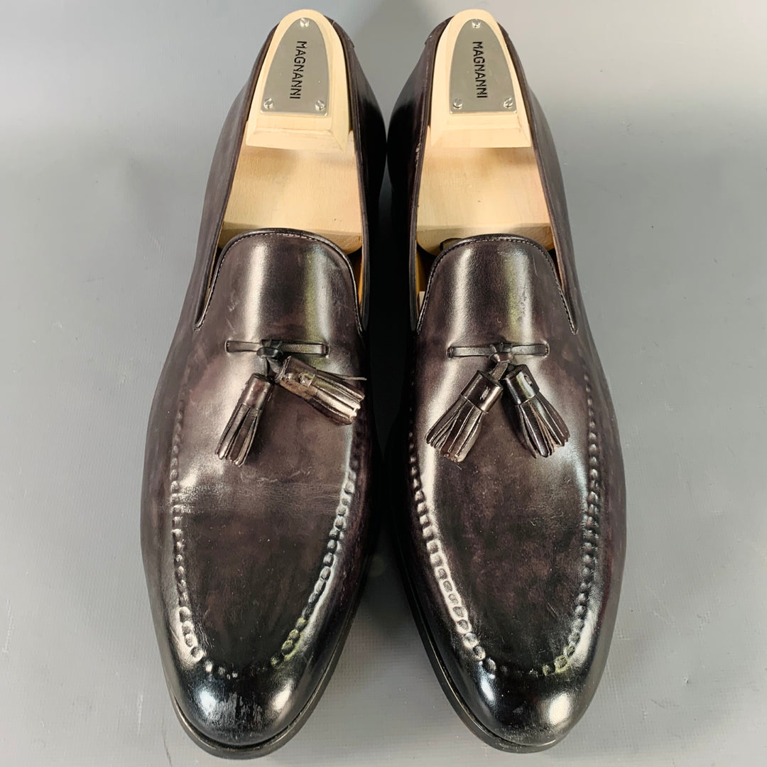 MAGNANNI Size 11 Black Leather Tassels Slip On Loafers