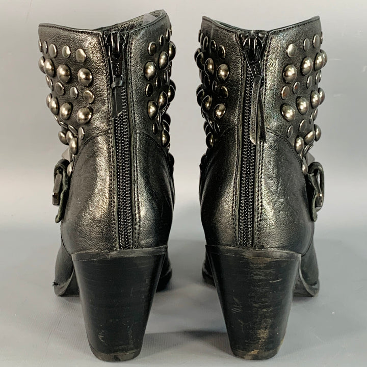 STUART WEITZMAN Size 7 Black Leather Studded Zip Belted Ankle Booties