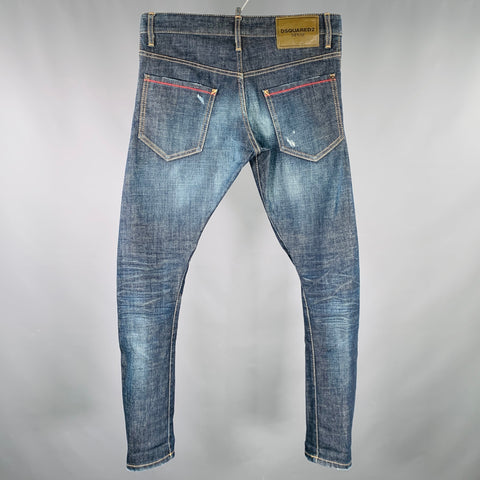 DSQUARED2 Size 28 Blue Distressed Cotton Blend Button Fly Jeans