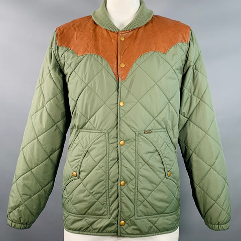 RRL by RALPH LAUREN Size XL Oilcloth Bomber Green Brown Quilted Reversible Nylon Leather Snaps Jacket
