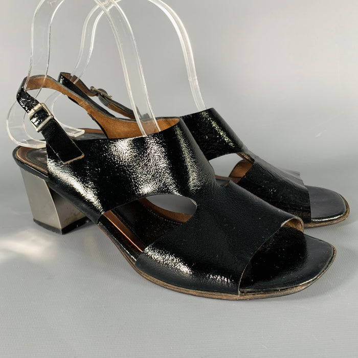 MARNI Size 8 Black Silver Patent Leather Chunky Heel Sandals