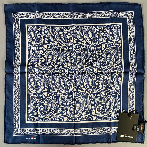 KITON Navy White Paisley Silk Pocket Square