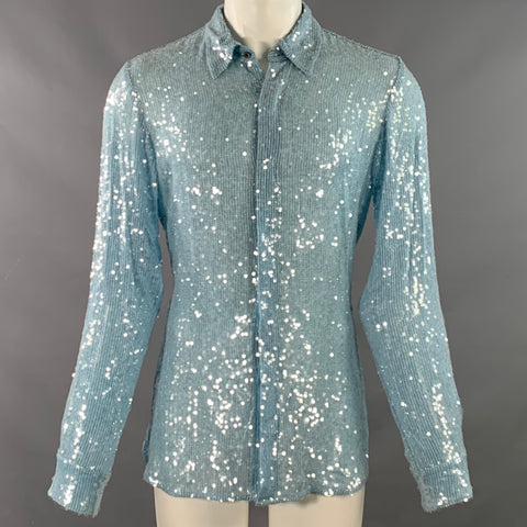 DRIES VAN NOTEN FW22 Size M Light Blue Sequined Viscose Long Sleeve Shirt