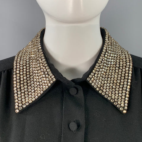 SAINT LAURENT Size 8 Black Gold Wool Crepe Rhinestones Long Sleeve Dress