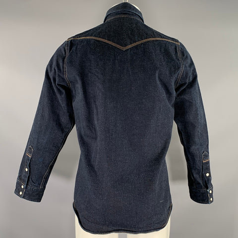 IRON HEART Size S Navy Indigo Contrast Stitch Denim Snaps Long Sleeve Shirt