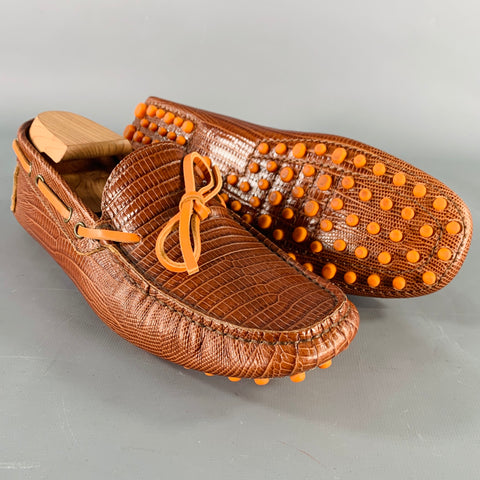 ETRO Size 8 Brown Cognac Embossed Leather Drivers Loafers