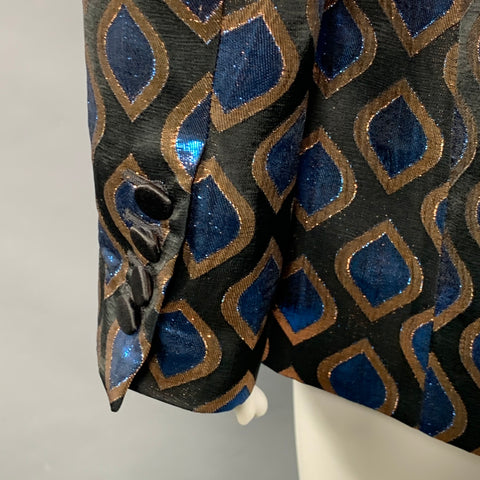 ETRO Size 8 Black Blue Metallic Geometric Peak Lapel Jacket Blazer