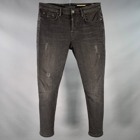 ALLSAINTS Size 32 Rex Black Distressed Cotton Blend Slim Straight Jeans