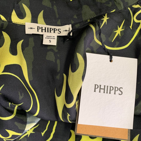 PHIPPS Size S Black Yellow Graphic Viscose Bowling Short Sleeve Shirt