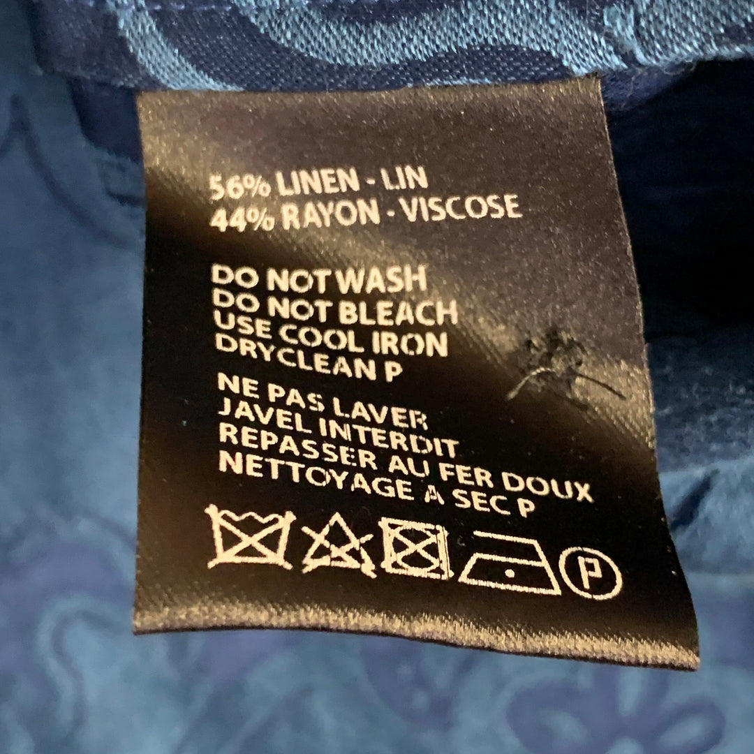 HAIDER ACKERMANN Size XL Blue Jacquard Linen Silk Floral One Pocket Long Sleeve Shirt