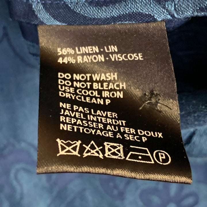 HAIDER ACKERMANN Size XL Blue Jacquard Linen Silk Floral One Pocket Long Sleeve Shirt