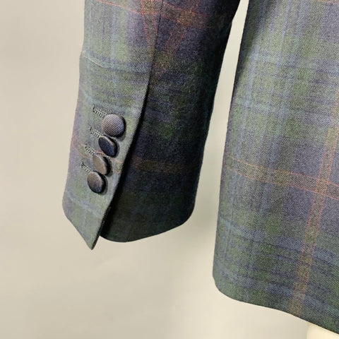 ISAIA Size 40 Green Navy Plaid Wool Peak Lapel Sport Coat