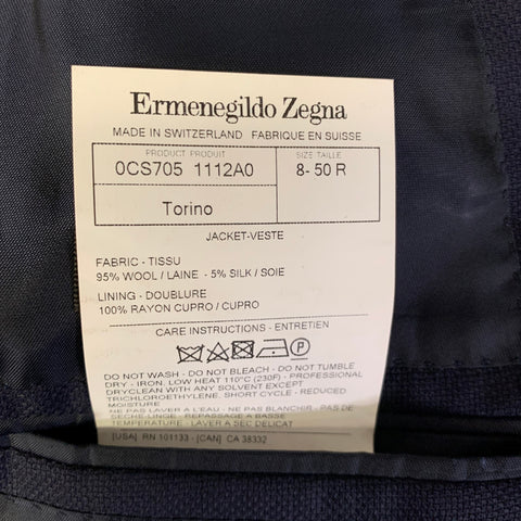 ERMENEGILDO ZEGNA Chest Size 40 Navy Wool  Silk Notch Lapel Sport Coat