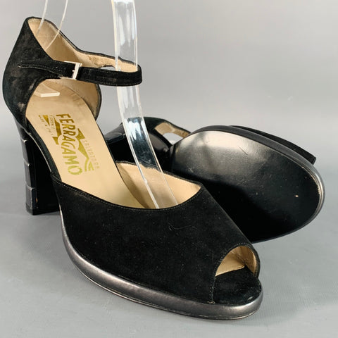 SALVATORE FERRAGAMO Size 9 Black Suede Peep Toe Stacked Heel Ankle Strap Sandals
