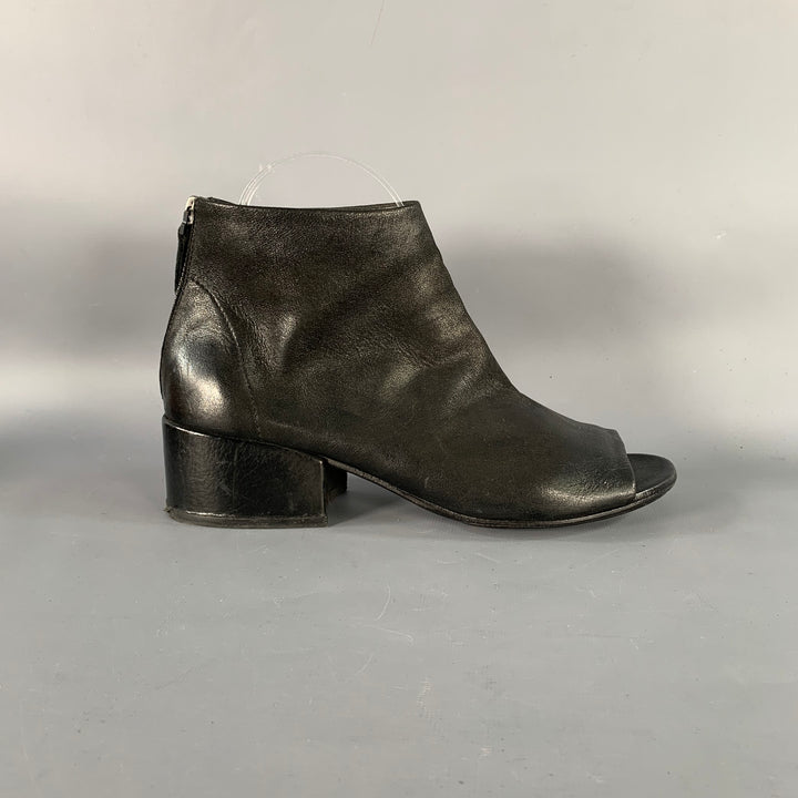 MARSELL Size 7.5 Black Leather Peep Toe Stacked Heel Ankle Boots