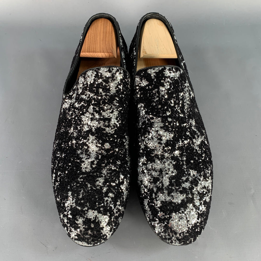 JIMMY CHOO Size 11 Velvet Glitter Devore Sloan Black Silver Slip On Loafers