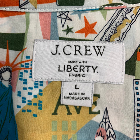 J CREW Size L White Multi Color NYC Print Cotton Camp Short Sleeve Shirt