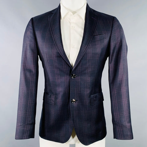 TED BAKER Size 36 Black Purple Plaid Wool Single Breasted Sport Coat