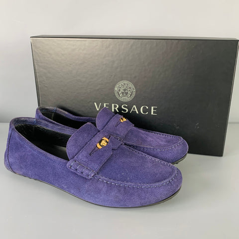 VERSACE Size 8 -Bluette Oro- Purple Textured Suede Drivers Loafers