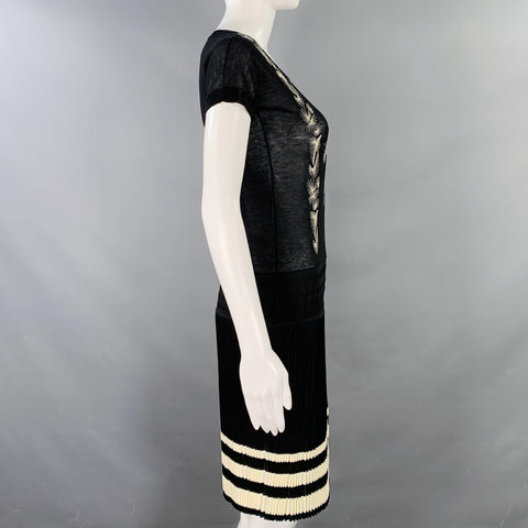 JEAN PAUL GAULTIER Size S Black Cream Jersey Embroidered Cap Sleeves Dress