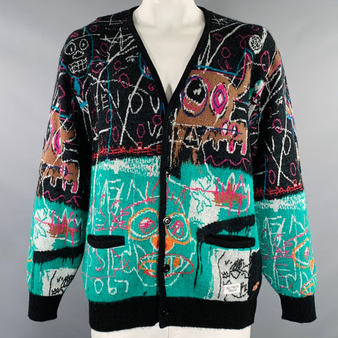 GUILTY PARTIES x BASQUIAT Size L Multi Color Cotton Blend Graffiti Art Print Cardigan