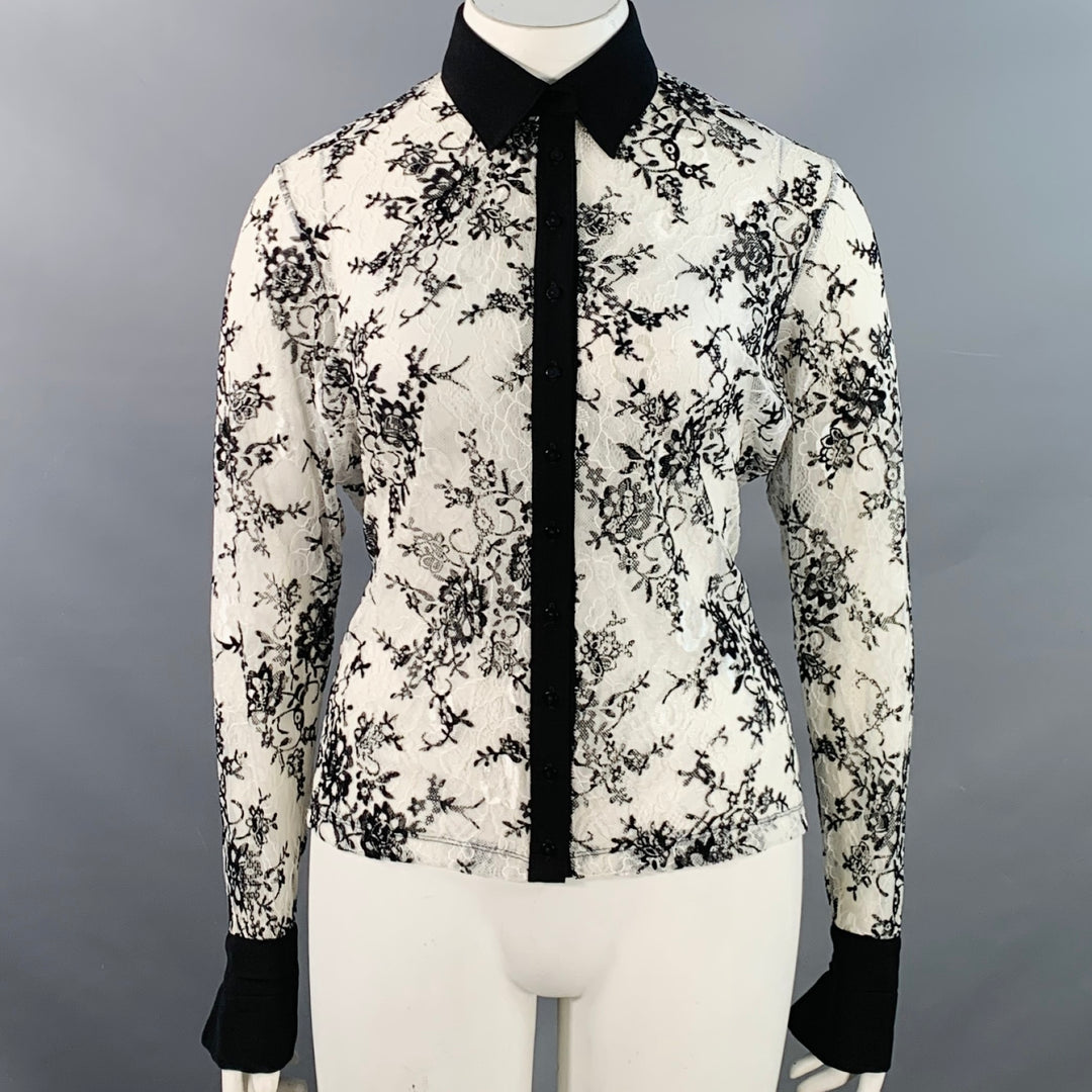 ANNE FONTAINE Size XL Solly White Black Polyamide Lace Burnout Contrast Trim Blouse
