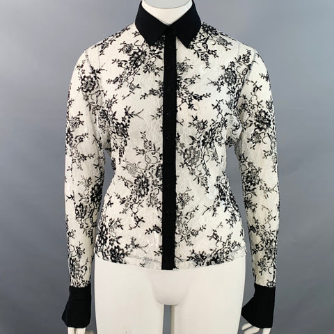 ANNE FONTAINE Size XL Solly White Black Polyamide Lace Burnout Contrast Trim Blouse