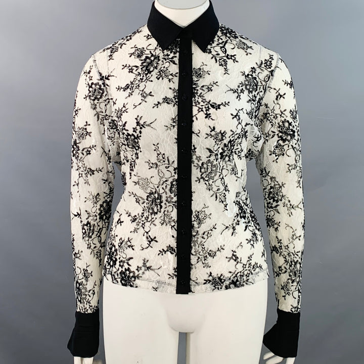 ANNE FONTAINE Size XL Solly White Black Polyamide Lace Burnout Contrast Trim Blouse