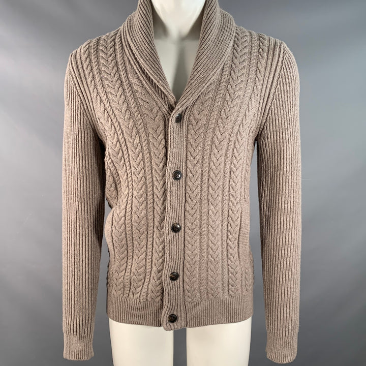 REISS Size S Tan Taupe Cable Knit Cotton Blend Shawl Collar Cardigan