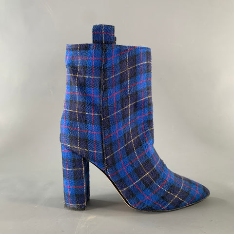 PARIS TEXAS Size 7 Blue Black & Red Wool Plaid Leather Trim Pull On Boots