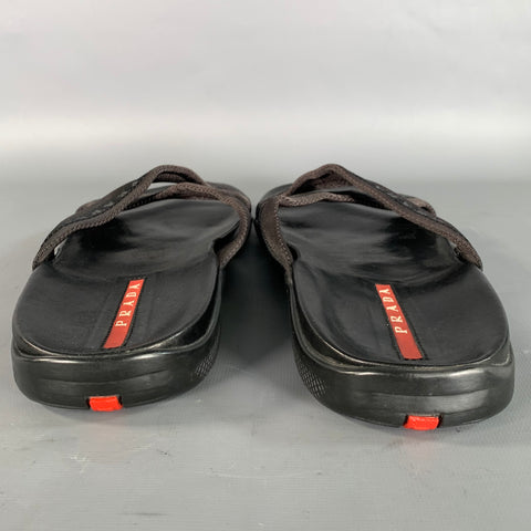 PRADA Size 10 Black Mixed Fabrics Leather Canvas Flip flops Sandals