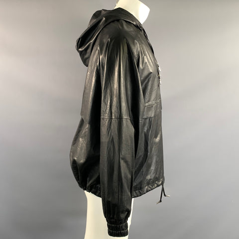AMI Size M Black Leather Hooded Pullover