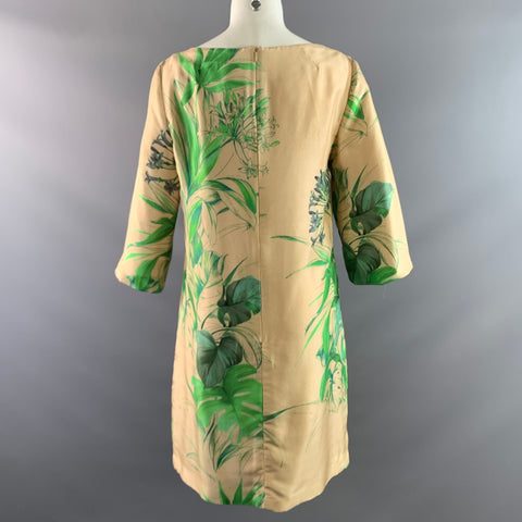 NATAN COLLECTION Size 8 Beige Green Silk Leafs Shift Knee Length Dress