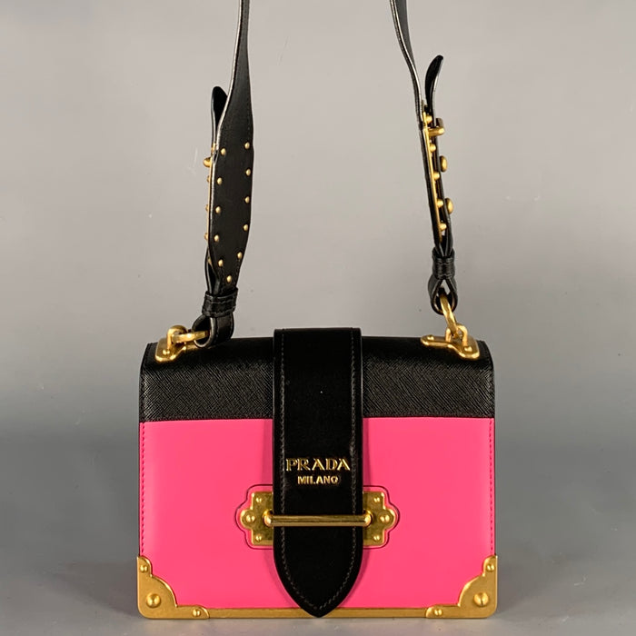 PRADA Cahier Pink Black Gold Leather Cross Body Mini Handbag