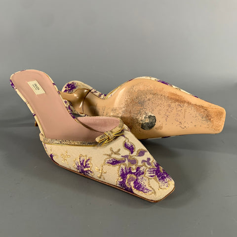 PRADA Size 9 Champagne Purple Jacquard Floral Mules Pumps
