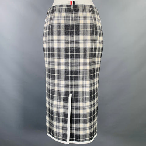 THOM BROWNE Size 0 Grey Cream Wool Plaid Pencil Mid-Calf Skirt