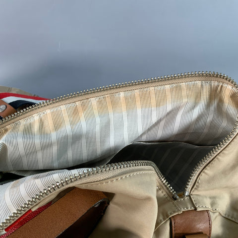 BLACK FLEECE Beige Multi Color Stripe Canvas Leather Duffle Bag