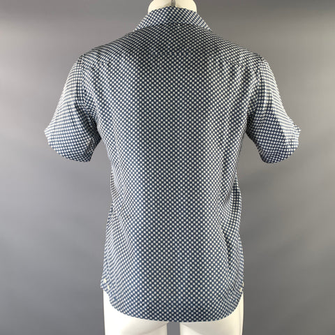 SANDRO Size S Blue White Geometric Silk Button Up Short Sleeve Shirt