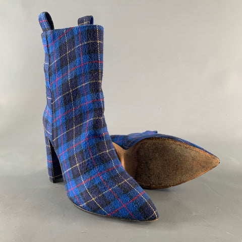 PARIS TEXAS Size 7 Blue Black & Red Wool Plaid Leather Trim Pull On Boots