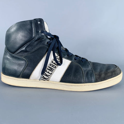 BIKKEMBERGS Size 10 Navy White Perforated Leather High Top Sneakers